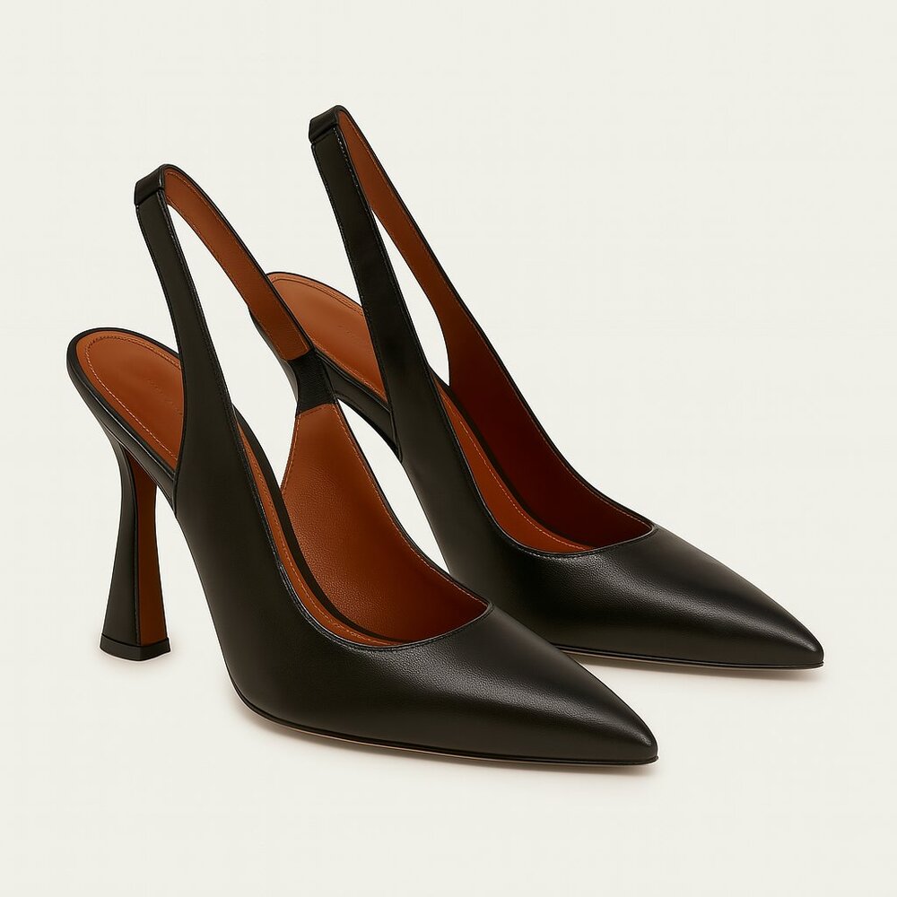 Vionic Adalena Black Leather Slingback Heels - Pointed Toe & Trumpet Heel